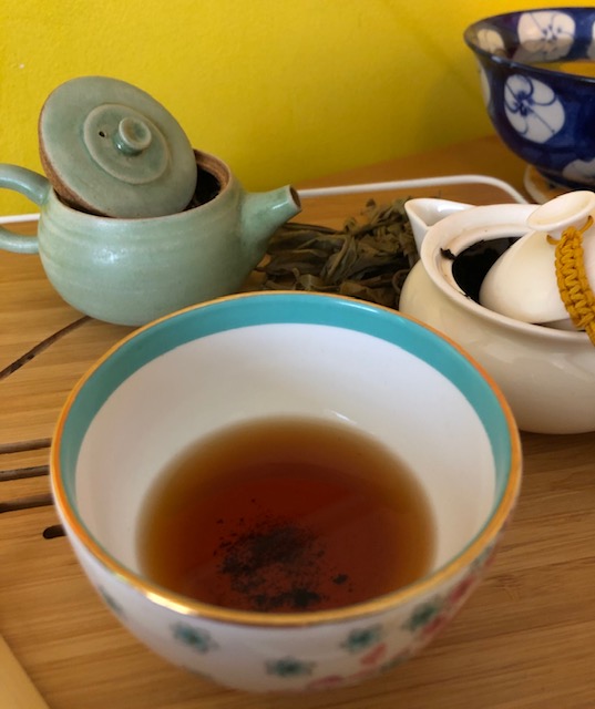 set up during virtual tea workshop on pu'erh tea