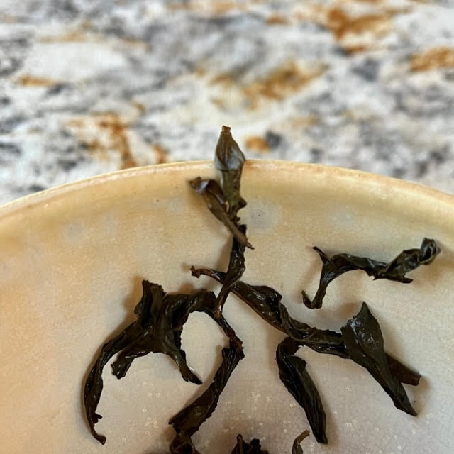 Beautiful dark brown and lightly steeped Qi Lan tea leaves making a lovely pattern on the inside of a cream-colored tea bowl