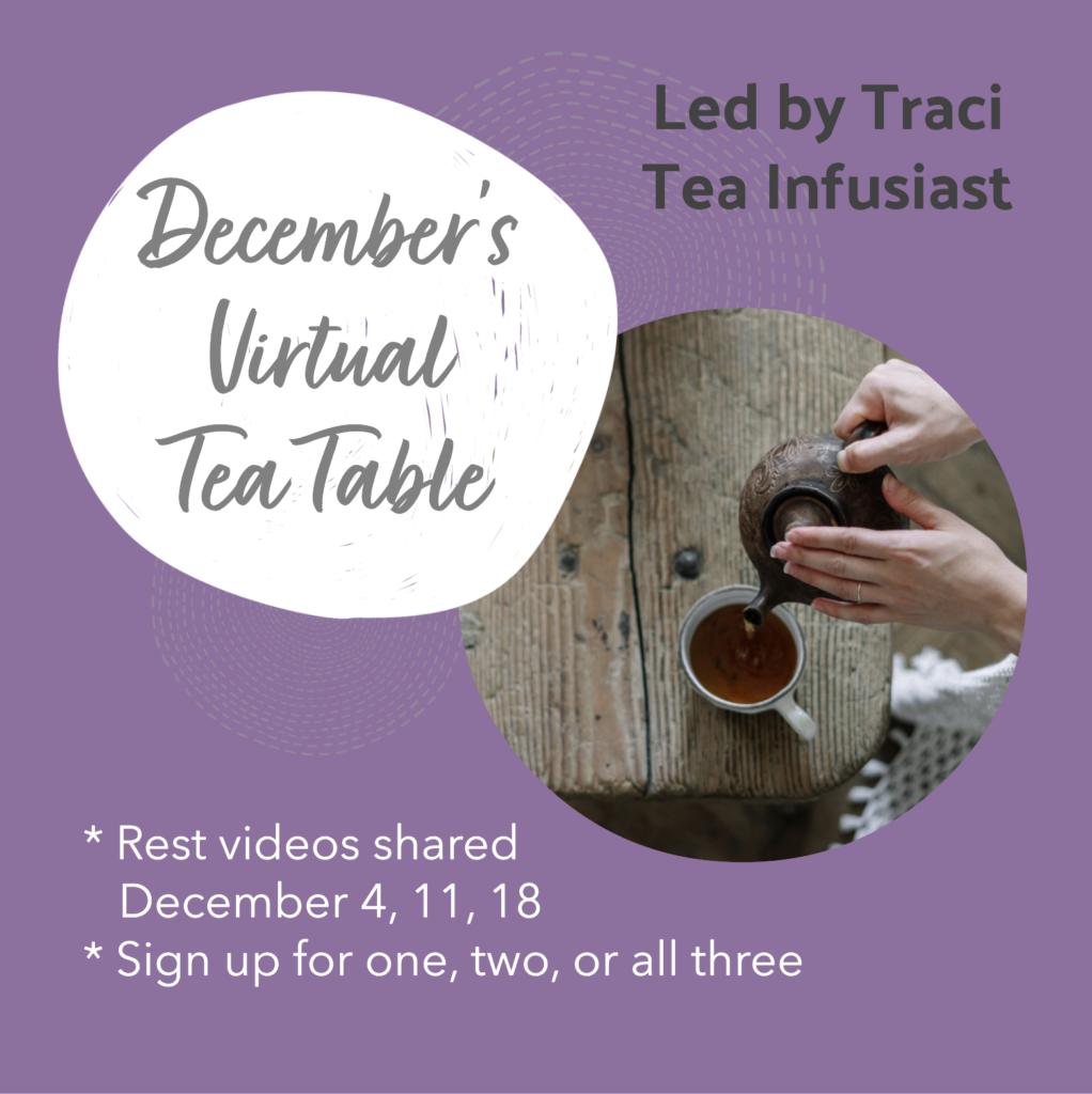 Image for December's Virtual Tea Table. It features a photo that shows the hands of a person pouring tea from a clay teapot into a  mug on a wooden table.