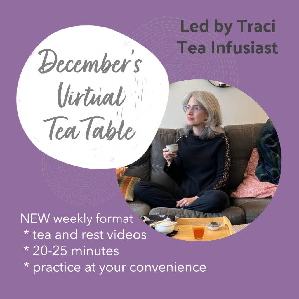 Image for December's Virtual Tea Table 2023 featuring a photo of Traci Levy, a white woman with silver hair wearing violet glasses and black clothes, and holding a teacup.