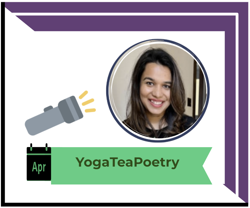 Taniya Gupta of YogaTeaPoetry, the April 2023 CommuniTEA Spotlight. Taniya is of South Asian descent. She has long dark hair, and is smiling in this photo. She is wearing a black shirt.
