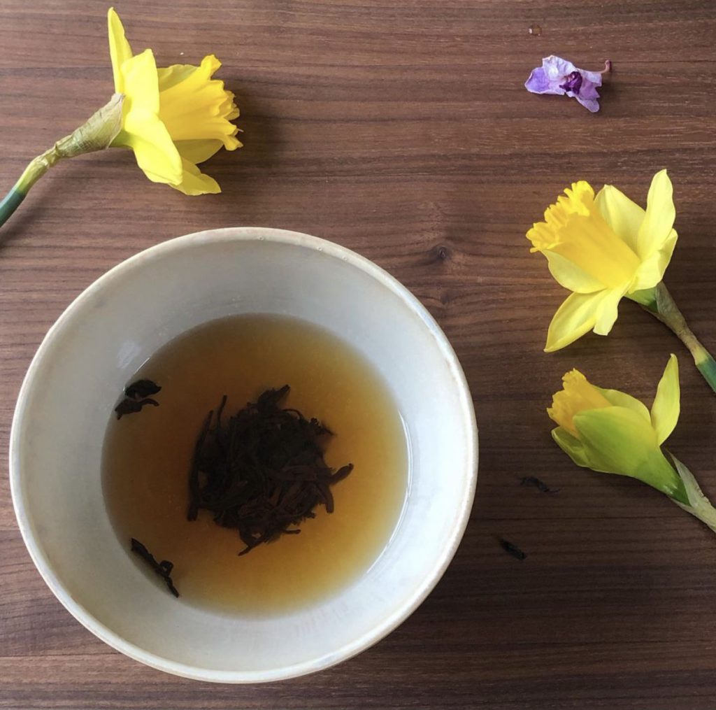 White bowl with dark tea leaves and tea on a table next to dandelion flowers