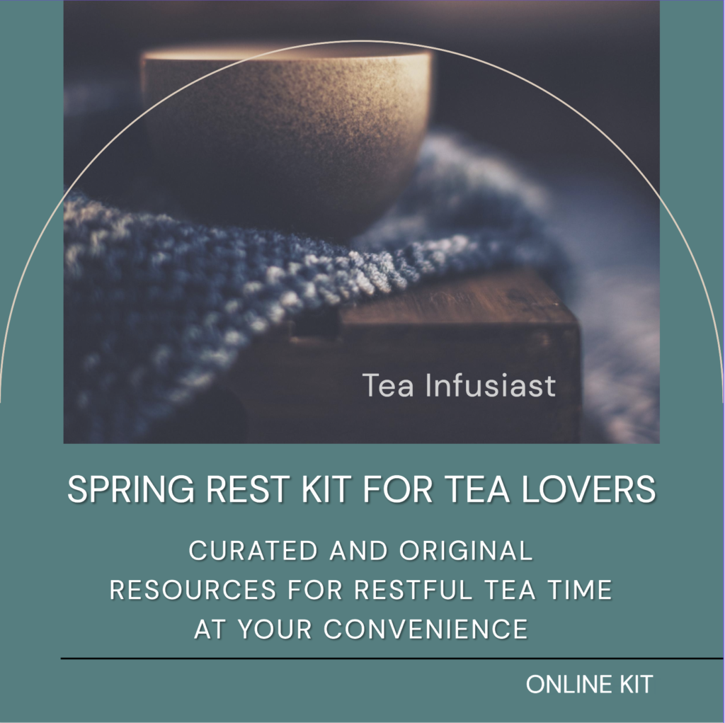 Spring Rest Kit for Tea Lovers: Photo of brown ombre teacup on a blue and white piece of fabric sitting on a tea chest