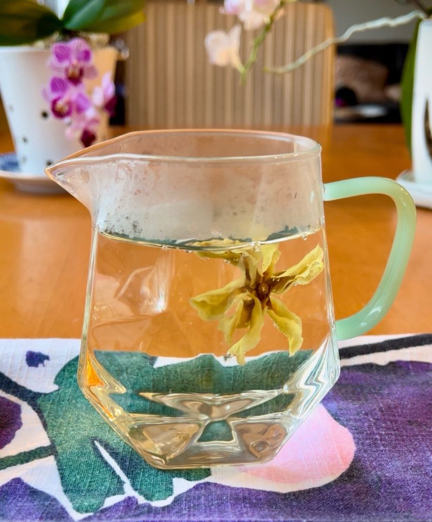 Cream-colored magnolia blossom floating in glass pitcher with a green handle
