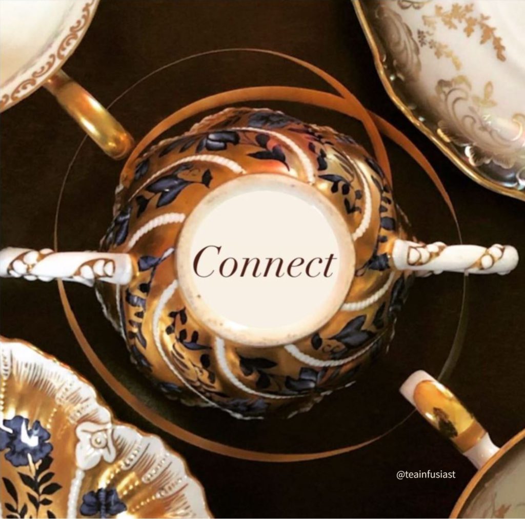 MoTeaVate: image shows upside down tea cup with the word "connect" superimposed, surrounded by two other teacups (all connected with a gold ribbon) and saucers