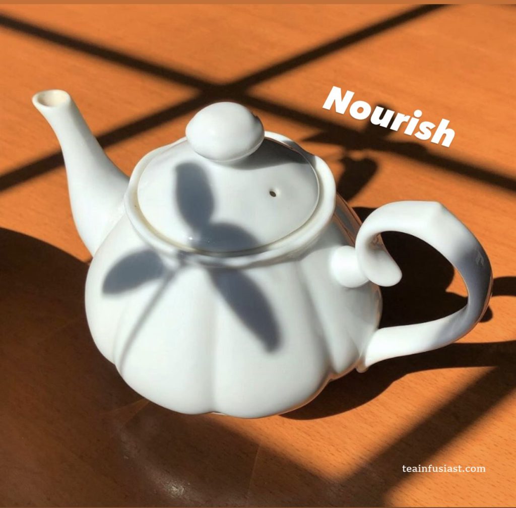 MoTeaVate: image shows a white teapot with the shadow of a plant on it. The word "nourish" appears above the teapot