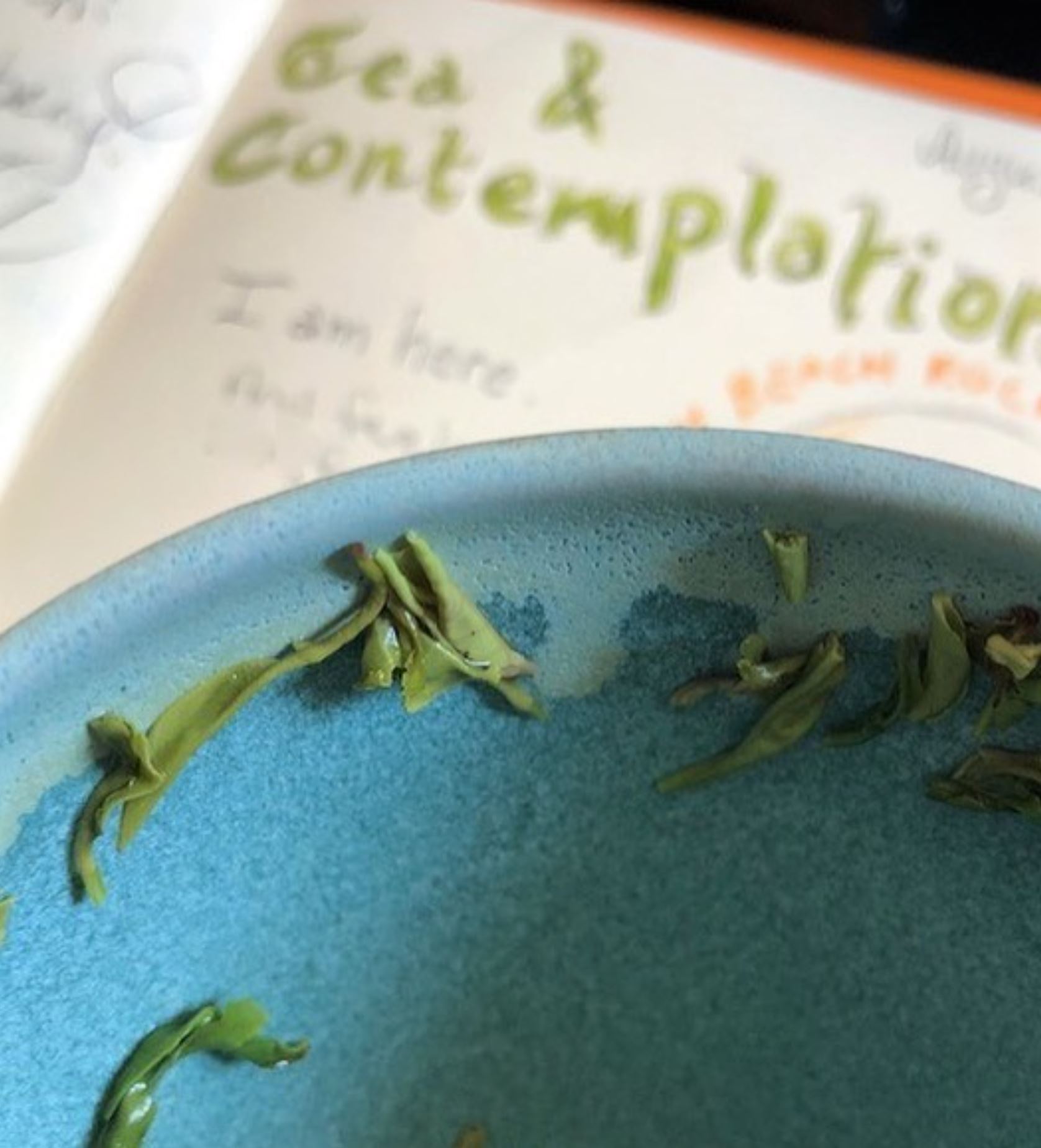 Blue tea bowl with green tea leaves along the ridge. Journal page that says "Tea & Contemplation" in the background.