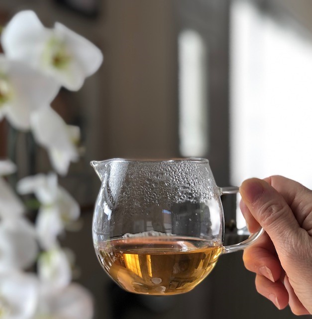 A fairness cup of golden-amber Bai MuDan tea held up. A white orchid is in the background