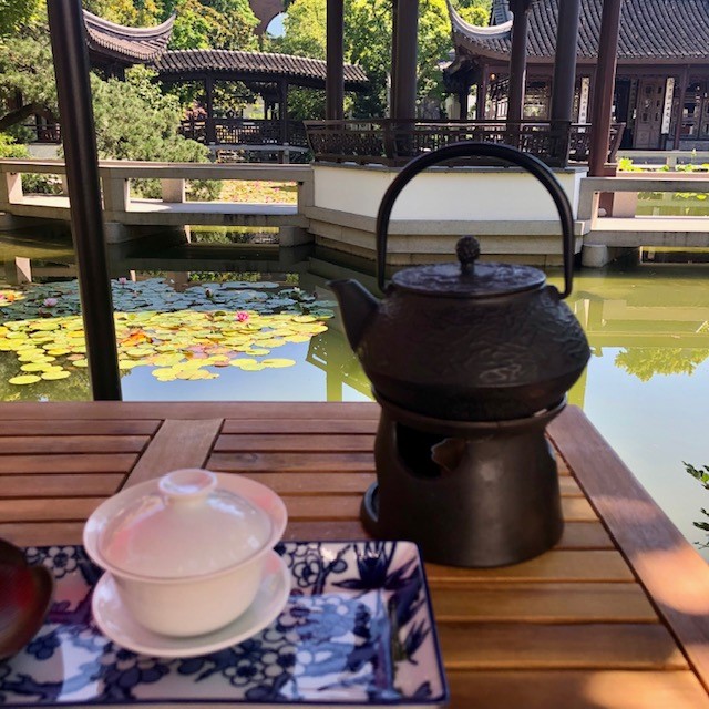 A white gaiwan and an iron kettle on a warm sit on a wooden table outdoors. In the background, there is a koi pond with lily pads with pink flowers and Chinese architecture.