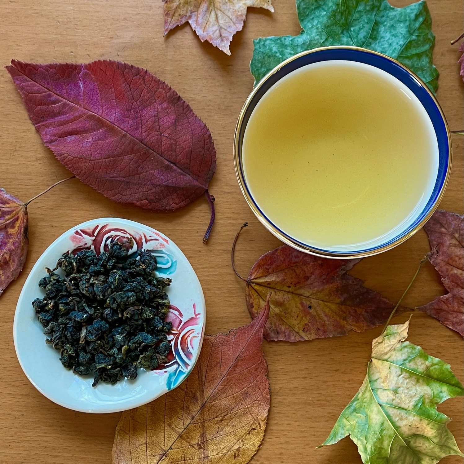 Dish of rolled Rice Oolong from Teawala--including tea leaves and "sticky rice herb" on a table with autumn leaves and a small cup of golden steeped Rice Oolong tea