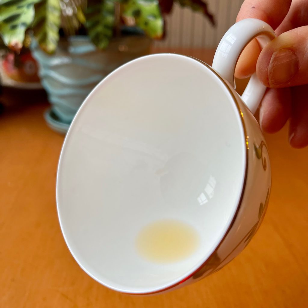 Teacup with a few drops of tea in it, poised as if ready to pour. 