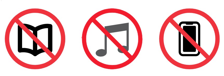 An icon of a book, a musical note, and a phone each with a red circle and line drawn through it. These symbols represent "no input."