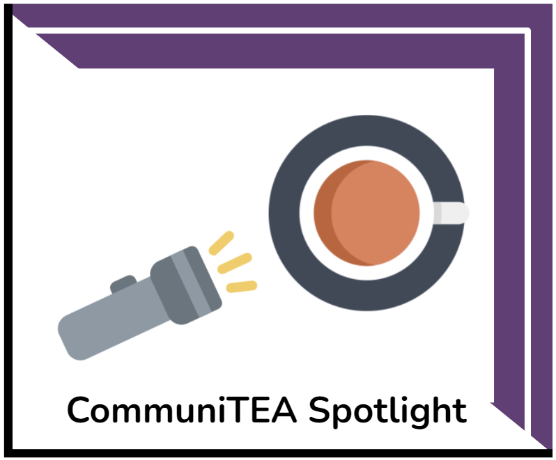 CommuniTEA Spotlight icons--a flashlight shining at a top down view of a cup of on a black coaster that looks like the letter "C"