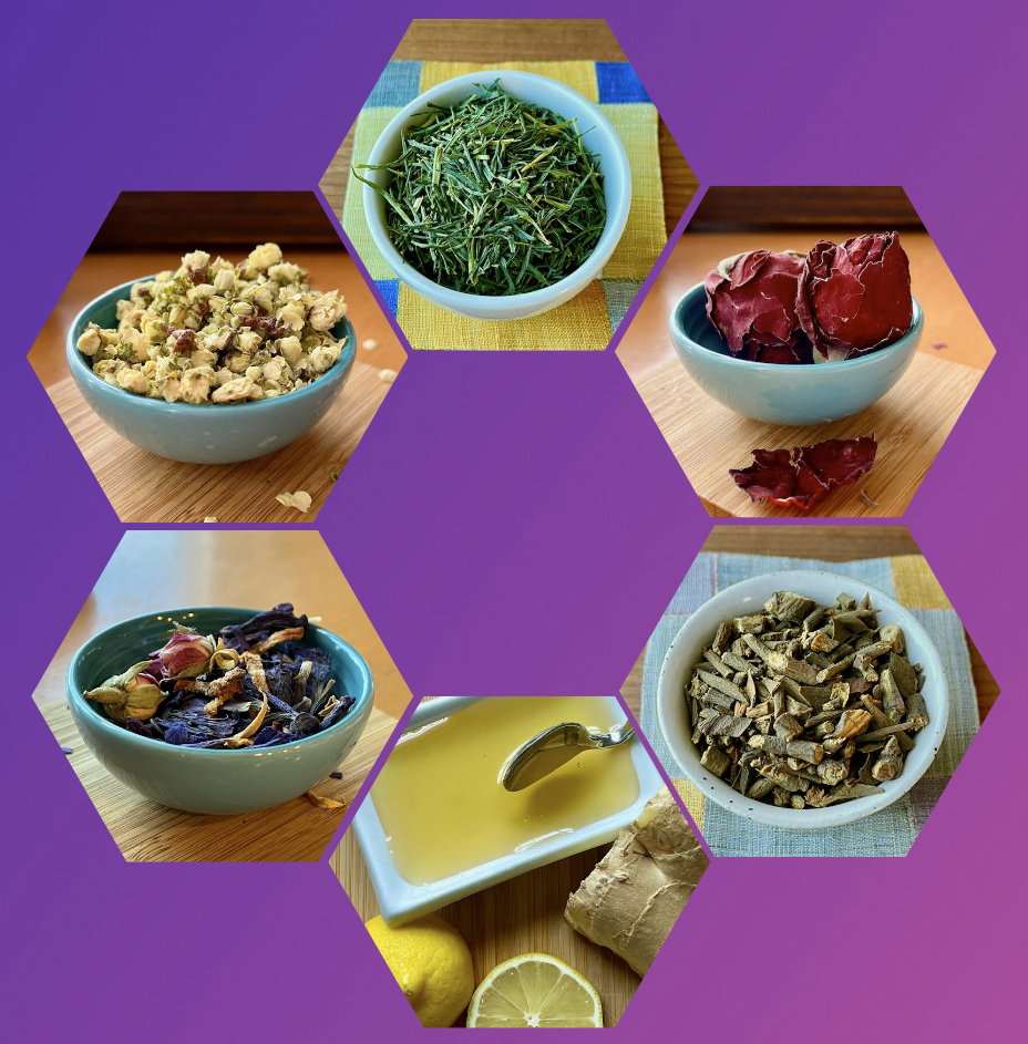 Herbal teas recommendations: plum blossom, barley sprout, rose, Korean mistletoe, lemon ginger honey, and Persian herbals
