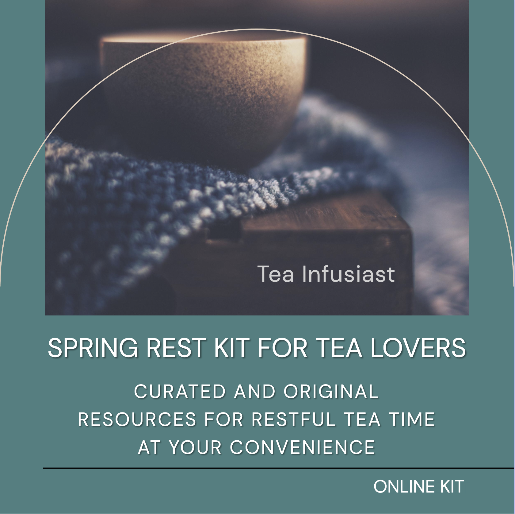 Spring Rest Kit for Tea Lovers: Photo of brown ombre teacup on a blue and white piece of fabric sitting on a tea chest