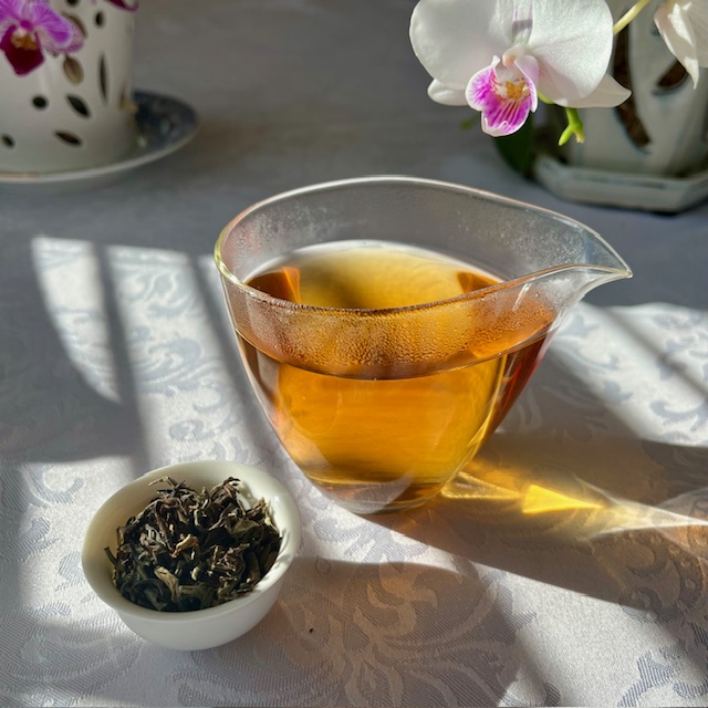 Indian Cloud tea leaves in a small white teacup and a fairness pitcher full of amber colored tea. Blooming orchids are in the background.
