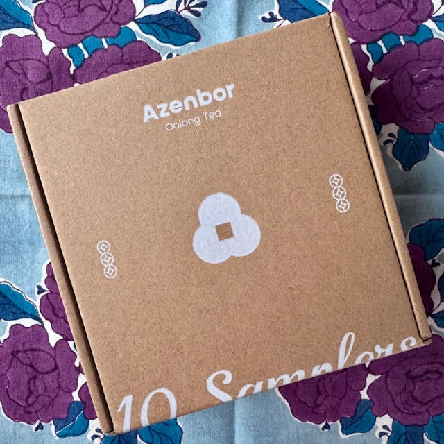 10 Aroma Tea Sampler Box--Phoenix Dancong--from Azenbor. Brown cardboard with white writing and Azenbor logo