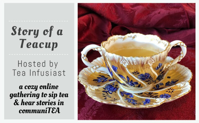 Story of a Teacup event slide--featuring a beauitful blue and gold teacup and saucer