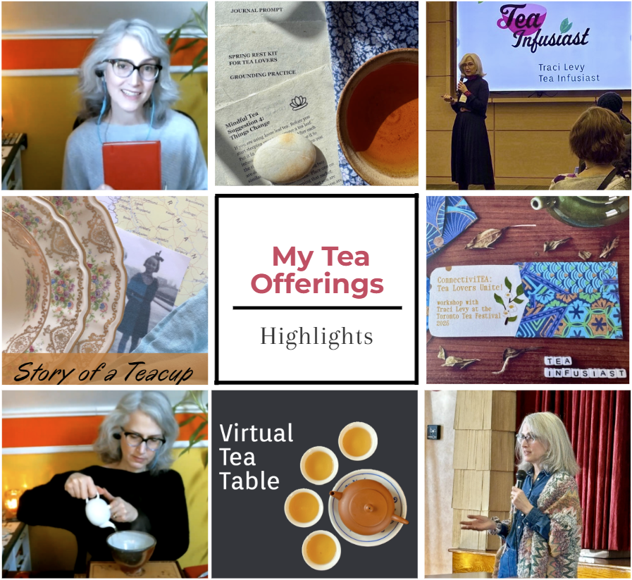 collage of photos of Traci offering tea events and some flyers of events she offered, inspired by Tea Teacher Training