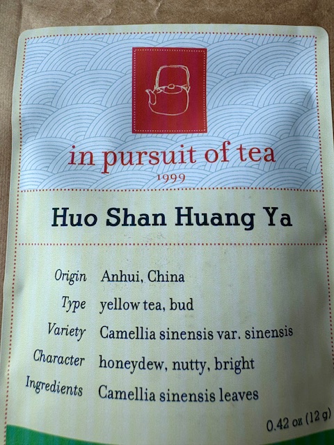 Packaging and label for In Pursuit of Tea's Huo Shan Huang Ya, a yellow tea