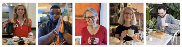 Photos of all five 2025 storytellers for the Story of a Teacup chariTEA fundraiser--Kim, Shawn, Eve, Traci, and Marco.