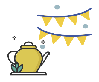 yellow teapot next to a festival banner with yellow flags