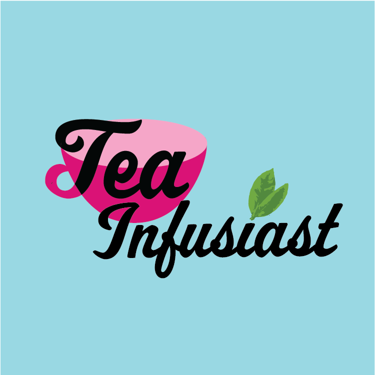 Tea Infusiast logo--pink teacup with the handle turning into part of the "T" in Tea Infusiast. The lettering is in black and there is a blue background