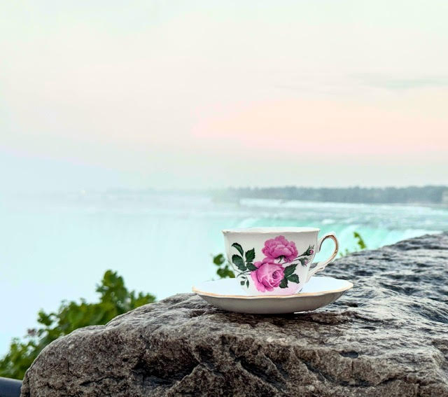 White teacup with pink roses and green leaves on a saucer in front of sunset at the Horseshoe Falls in Niagara Falls, Canada.