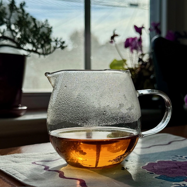 In front of a window, a tea pitcher full of dark amber Native Cultivar Reserve tea--one that delighted me in 2025