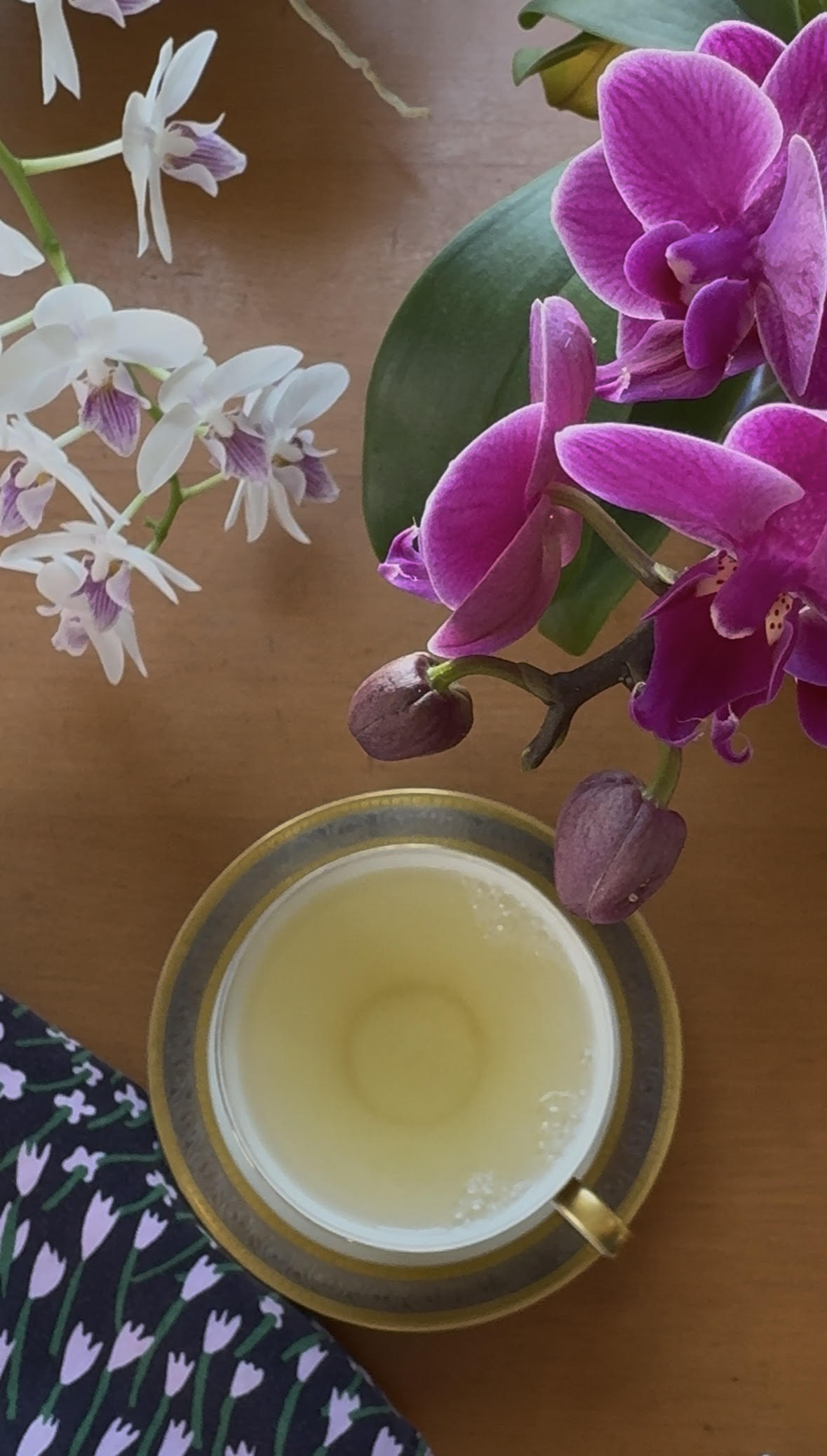 Cup of tea in a white cup with a platinum and gold rim on a matching saucer next to a white and a vibrant pink orchid