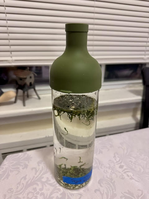 tea leaves in a cold brew iced tea bottle with a green silicone top before steeping