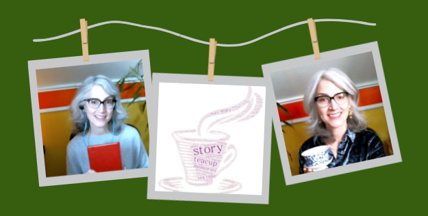 Two images of Traci--one holding a red journal, the other holding a gaiwan. The middle image is a word cloud in the shape of a teacup.
